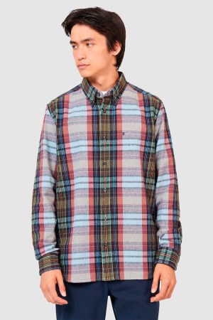 Camisa Casual Oxford Cepillado a Cuadros Tartán Manga Larga