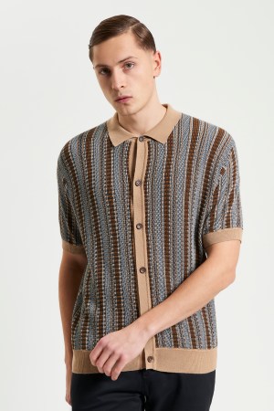 Camisa de Punto a Rayas Texturizada Manga Corte