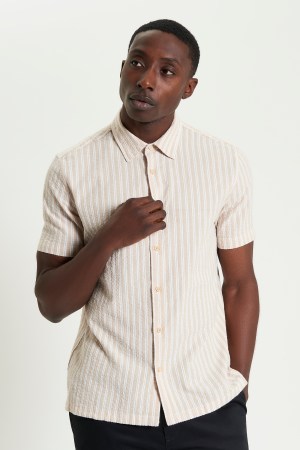 Camisa Casual Raya de Seersucker Manga Corta